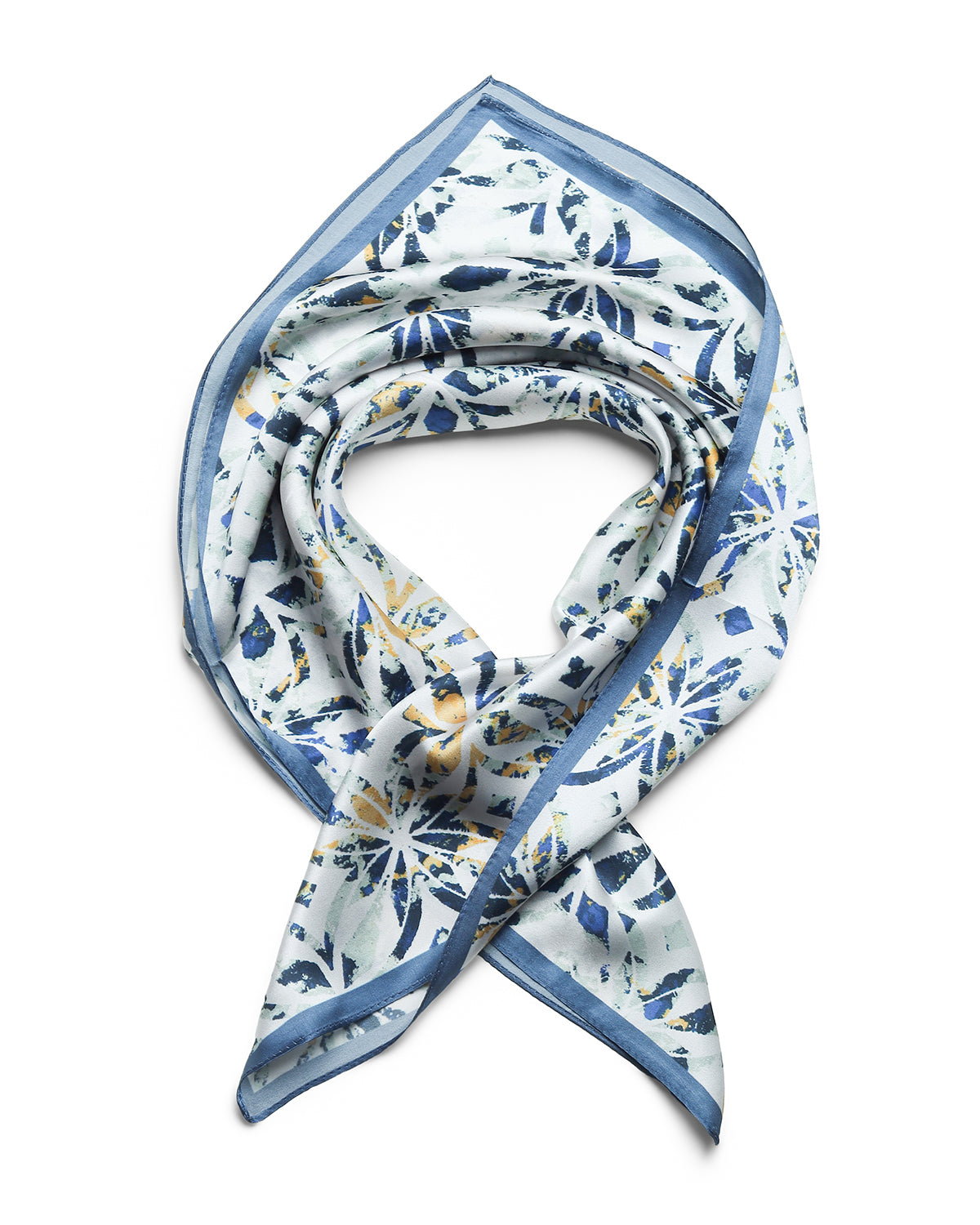 BREEZE NOUTHERLY 100% Mulberry Silk Square Scarf for Women, 26'' Versatile Hair Neck Bag Scarf Luxury Gift-Blue Tile Floral