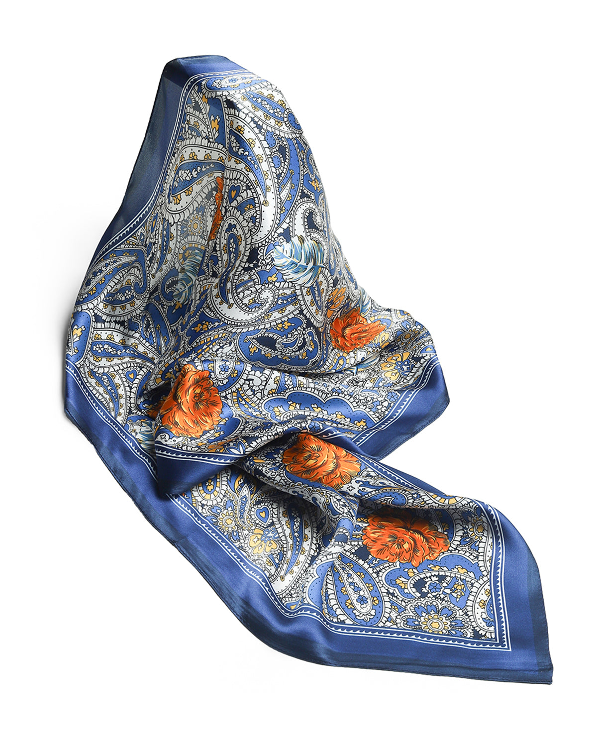 BREEZE NOUTHERLY 100% Mulberry Silk Square Scarf for Women, 26'' Versatile Hair Neck Bag Scarf Luxury Gift-Dk Blue Paisley