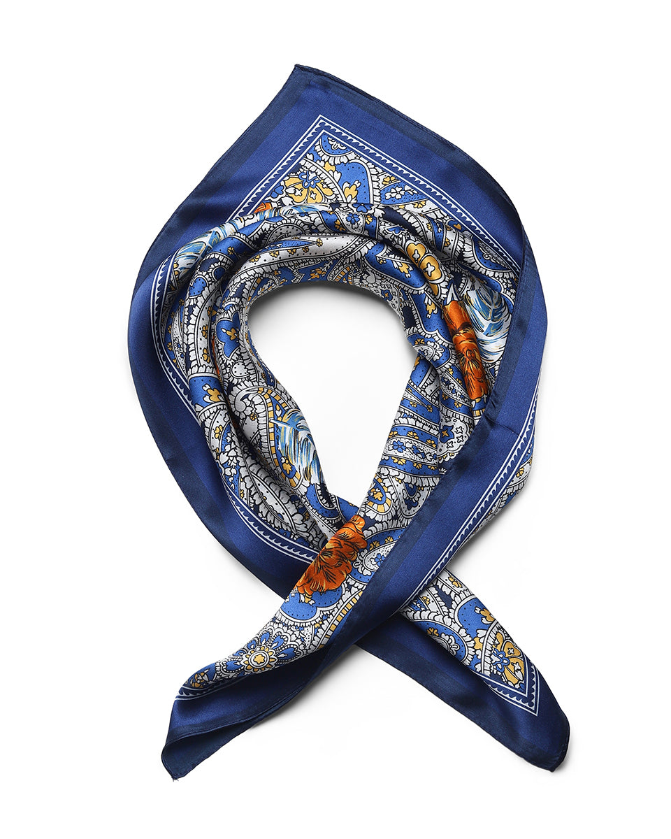 BREEZE NOUTHERLY 100% Mulberry Silk Square Scarf for Women, 26'' Versatile Hair Neck Bag Scarf Luxury Gift-Dk Blue Paisley