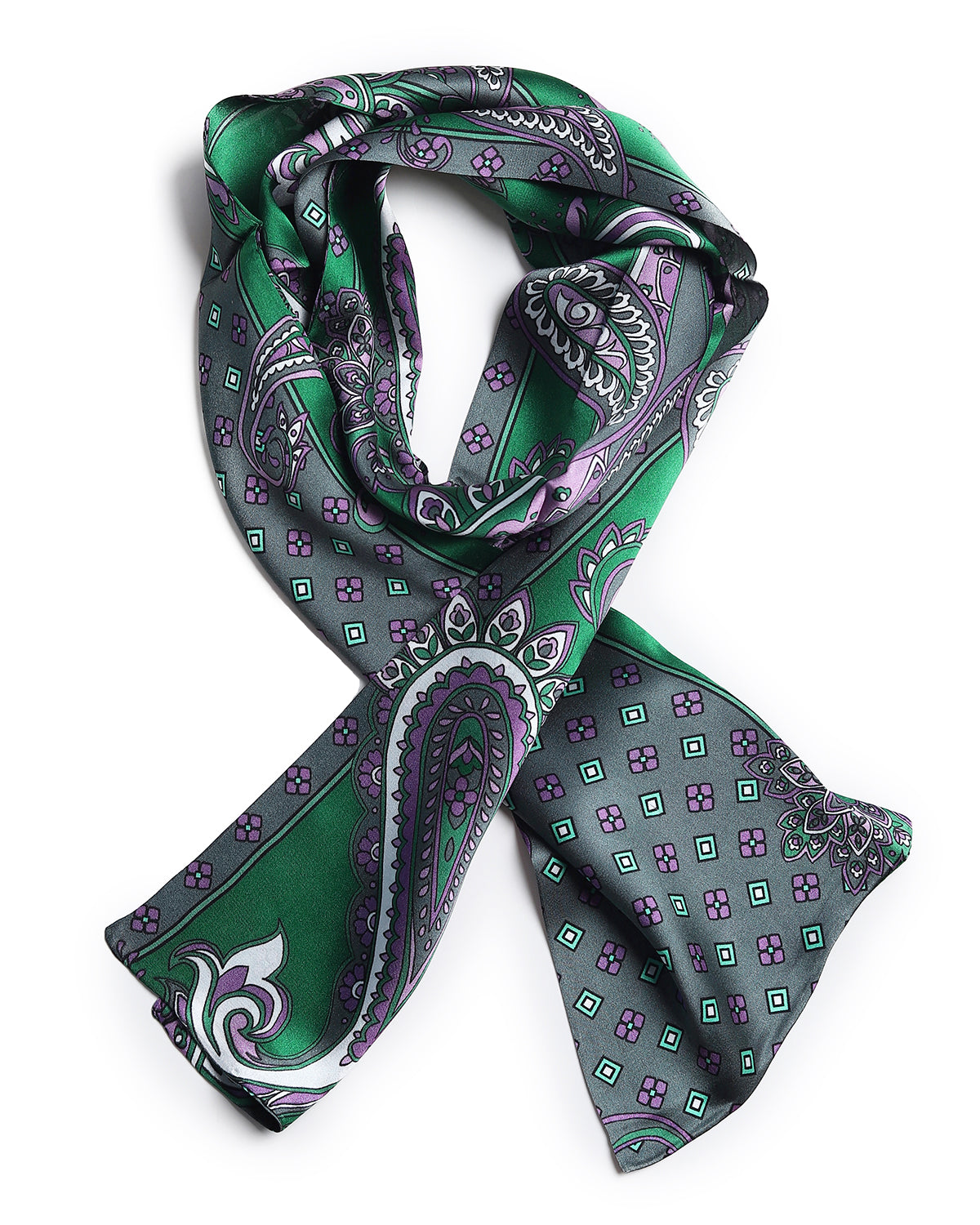 BREEZE NOUTHERLY Women's 100% Pure Mulberry Silk Scarf Double Sided Rectangle Tie Head Neck Waist Strip-17X150 Green Purple Paisley