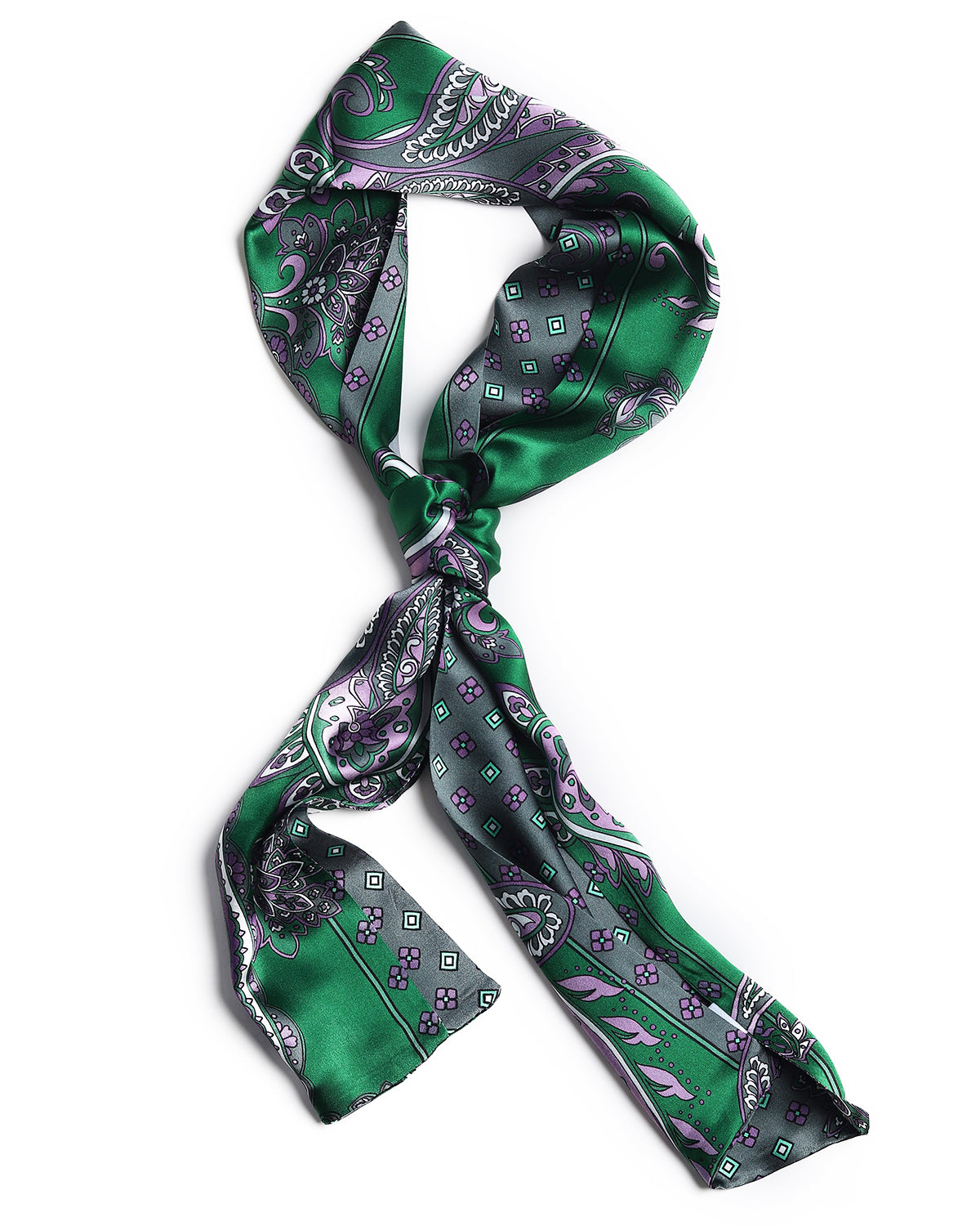 BREEZE NOUTHERLY Women's 100% Pure Mulberry Silk Scarf Double Sided Rectangle Tie Head Neck Waist Strip-17X150 Green Purple Paisley