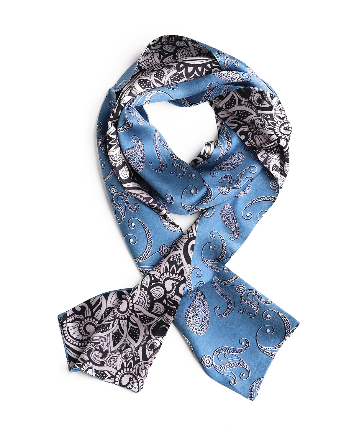 BREEZE NOUTHERLY Women's 100% Pure Mulberry Silk Scarf Double Sided Rectangle Tie Head Neck Waist Strip-17X150 Blue Black Paisley