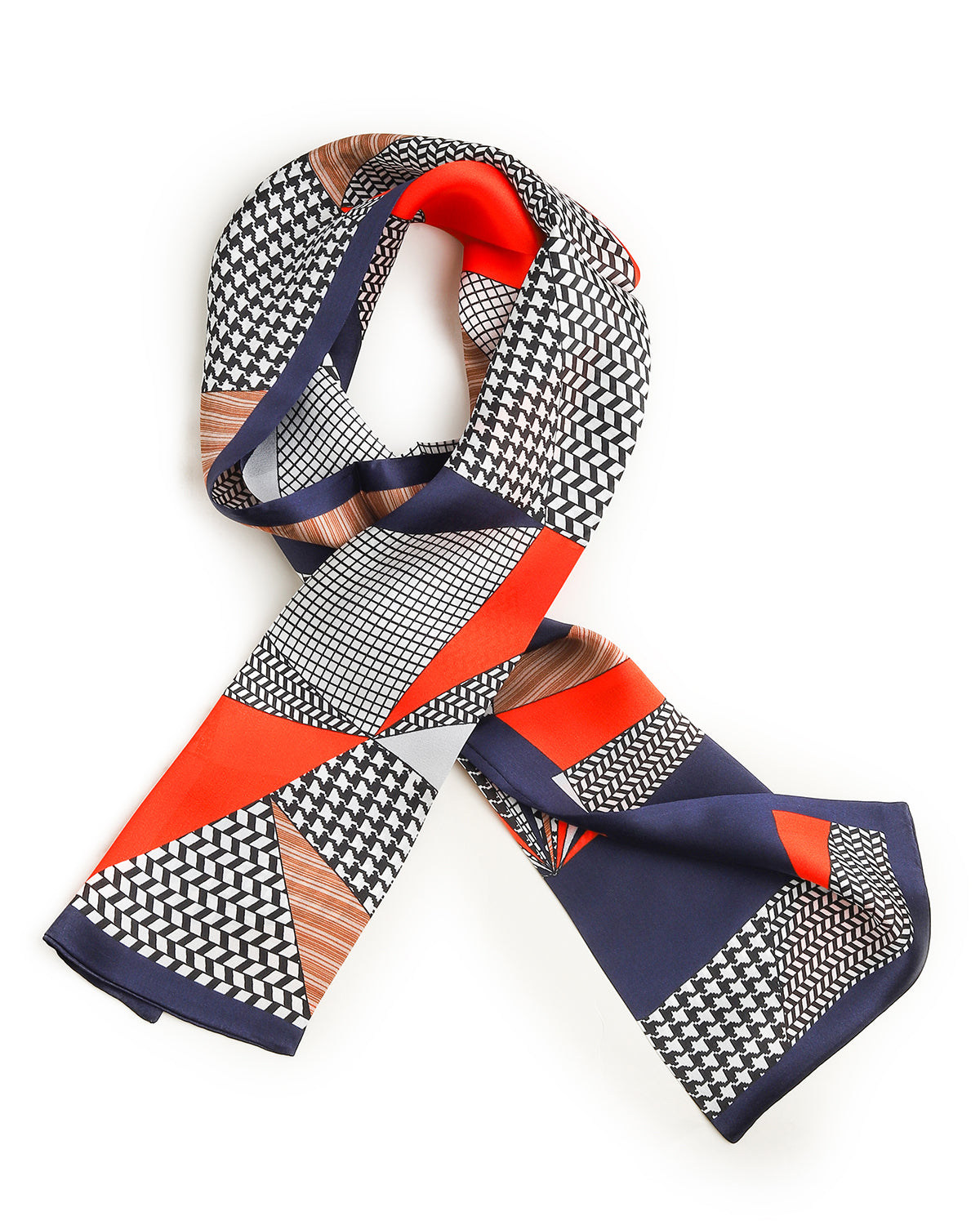 BREEZE NOUTHERLY Women's 100% Pure Mulberry Silk Scarf Double Sided Rectangle Tie Head Neck Waist Strip-17X150 Navy Orange Houndstooth