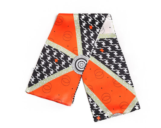 BREEZE NOUTHERLY Women's 100% Pure Mulberry Silk Scarf Double Sided Rectangle Tie Head Neck Waist Strip-17X150 Orange Black Houndtooth Check