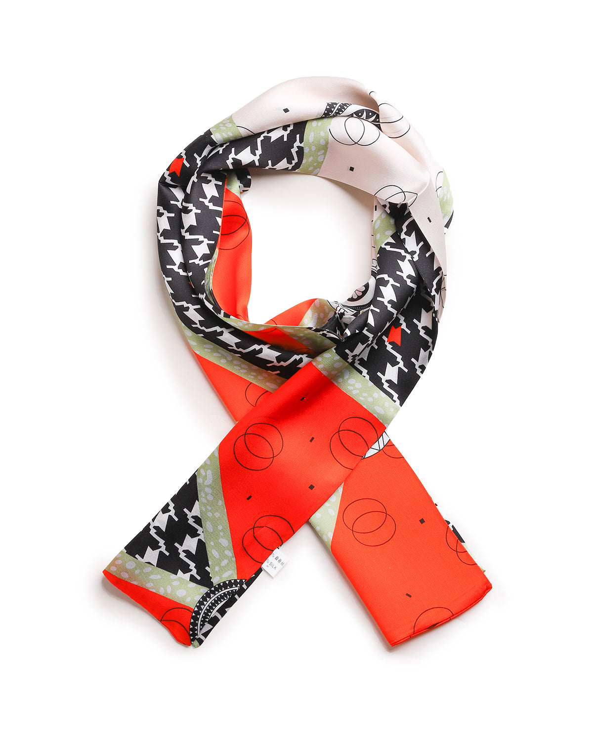 BREEZE NOUTHERLY Women's 100% Pure Mulberry Silk Scarf Double Sided Rectangle Tie Head Neck Waist Strip-17X150 Orange Black Houndtooth Check