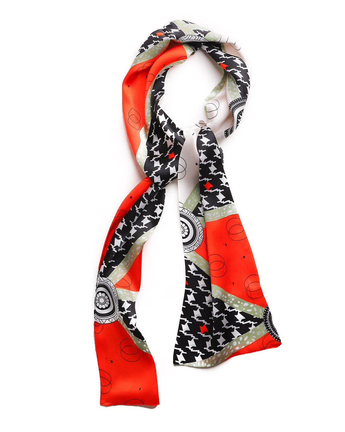 BREEZE NOUTHERLY Women's 100% Pure Mulberry Silk Scarf Double Sided Rectangle Tie Head Neck Waist Strip-17X150 Orange Black Houndtooth Check
