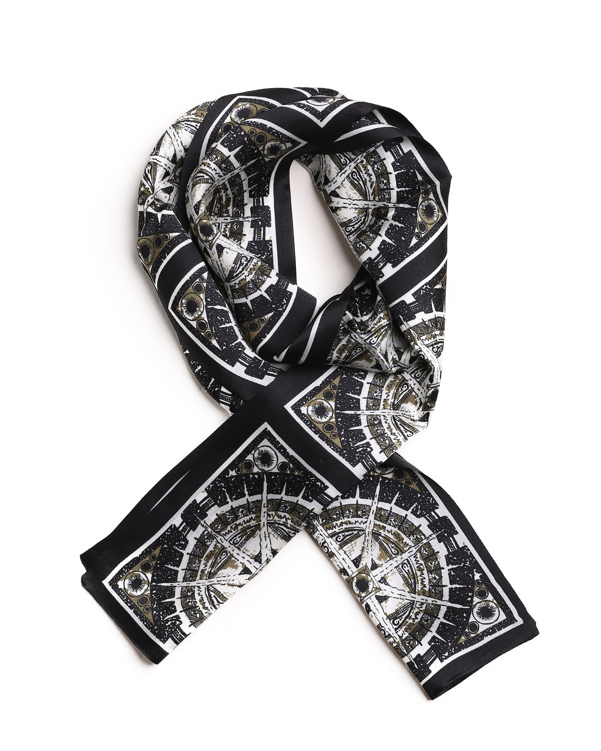 BREEZE NOUTHERLY Women's 100% Pure Mulberry Silk Scarf Double Sided Rectangle Tie Head Neck Waist Strip-17X150 Black Taupe Compass