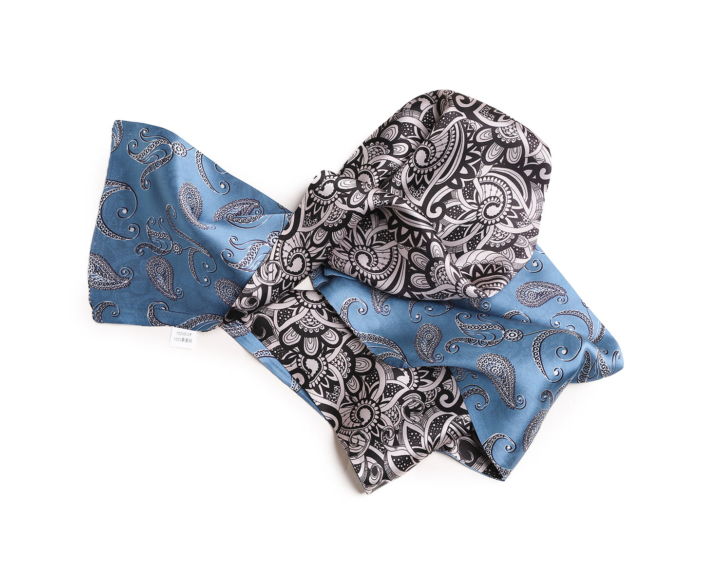 BREEZE NOUTHERLY Women's 100% Pure Mulberry Silk Scarf Double Sided Rectangle Tie Head Neck Waist Strip-17X150 Blue Black Paisley