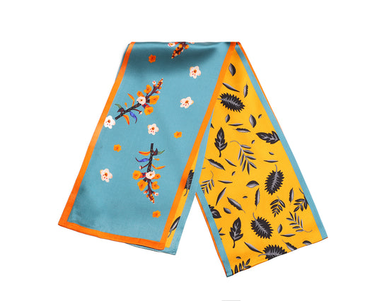 BREEZE NOUTHERLY Women's 100% Pure Mulberry Silk Scarf Double Sided Rectangle Tie Head Neck Waist Strip-17X150 Peacock Blue Yellow Plum Blossom