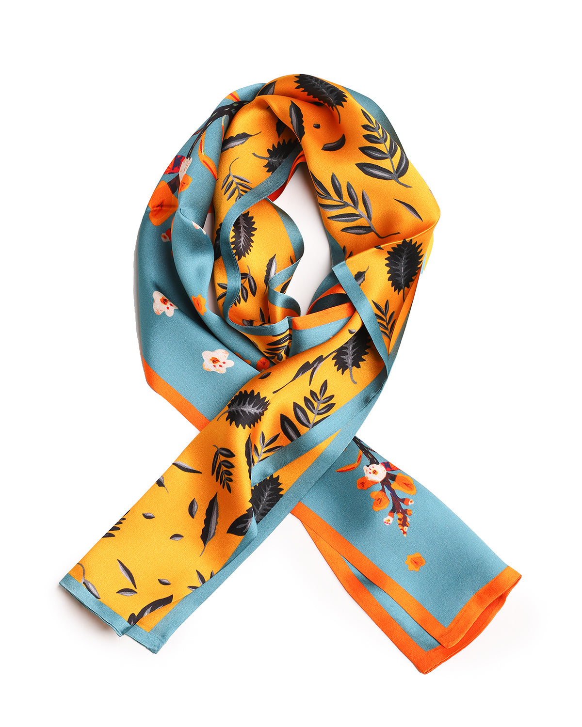 BREEZE NOUTHERLY Women's 100% Pure Mulberry Silk Scarf Double Sided Rectangle Tie Head Neck Waist Strip-17X150 Peacock Blue Yellow Plum Blossom
