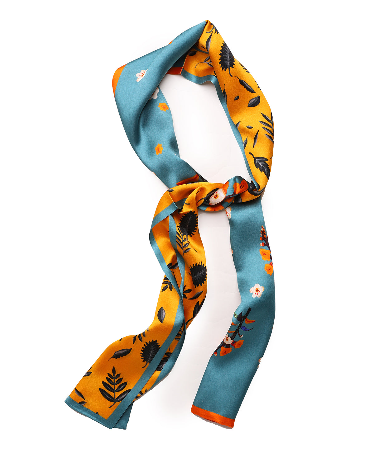 BREEZE NOUTHERLY Women's 100% Pure Mulberry Silk Scarf Double Sided Rectangle Tie Head Neck Waist Strip-17X150 Peacock Blue Yellow Plum Blossom