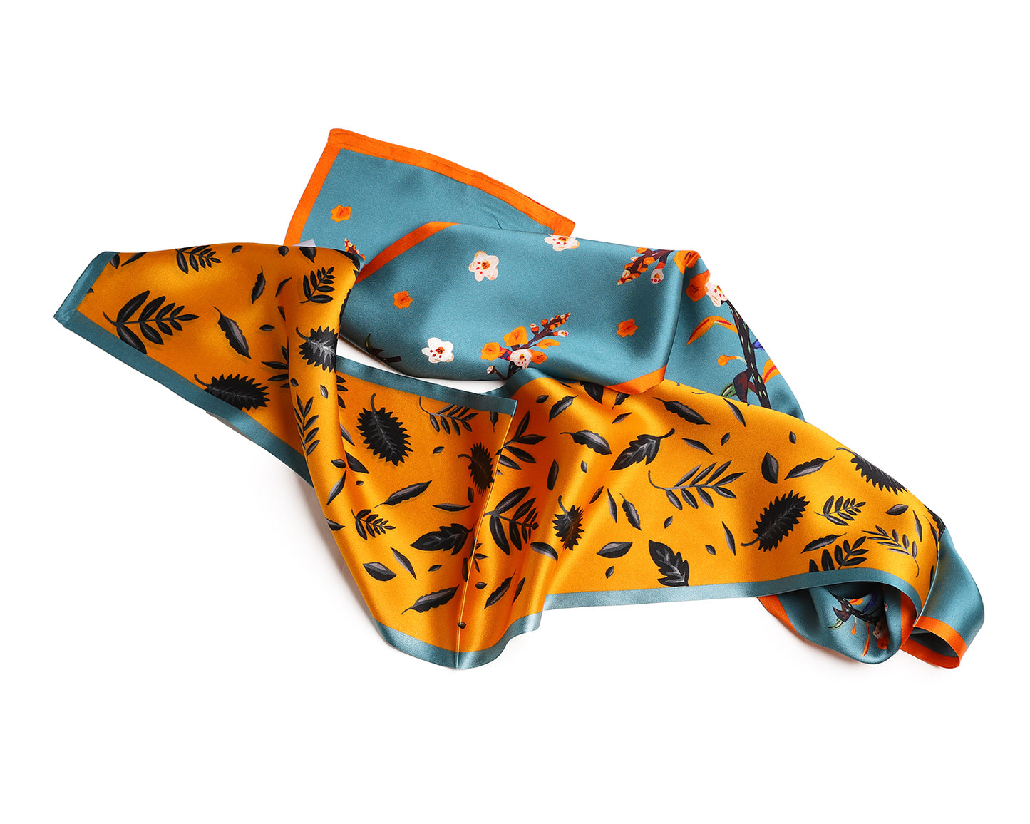 BREEZE NOUTHERLY Women's 100% Pure Mulberry Silk Scarf Double Sided Rectangle Tie Head Neck Waist Strip-17X150 Peacock Blue Yellow Plum Blossom