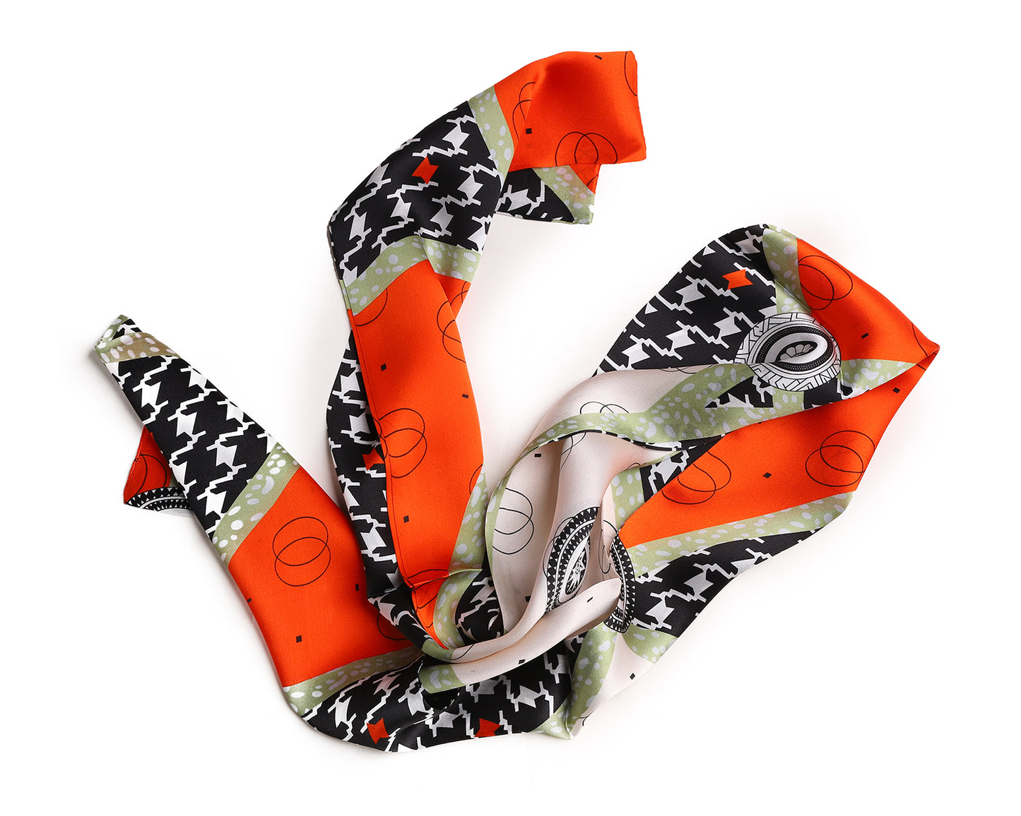 BREEZE NOUTHERLY Women's 100% Pure Mulberry Silk Scarf Double Sided Rectangle Tie Head Neck Waist Strip-17X150 Orange Black Houndtooth Check