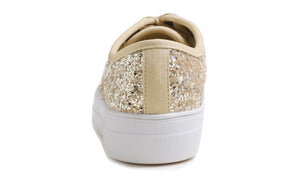 Feversole Women's Fashion Dress Sneakers Party Bling Casual Flats Embellished Shoes Light Gold Platform Glitter Lace