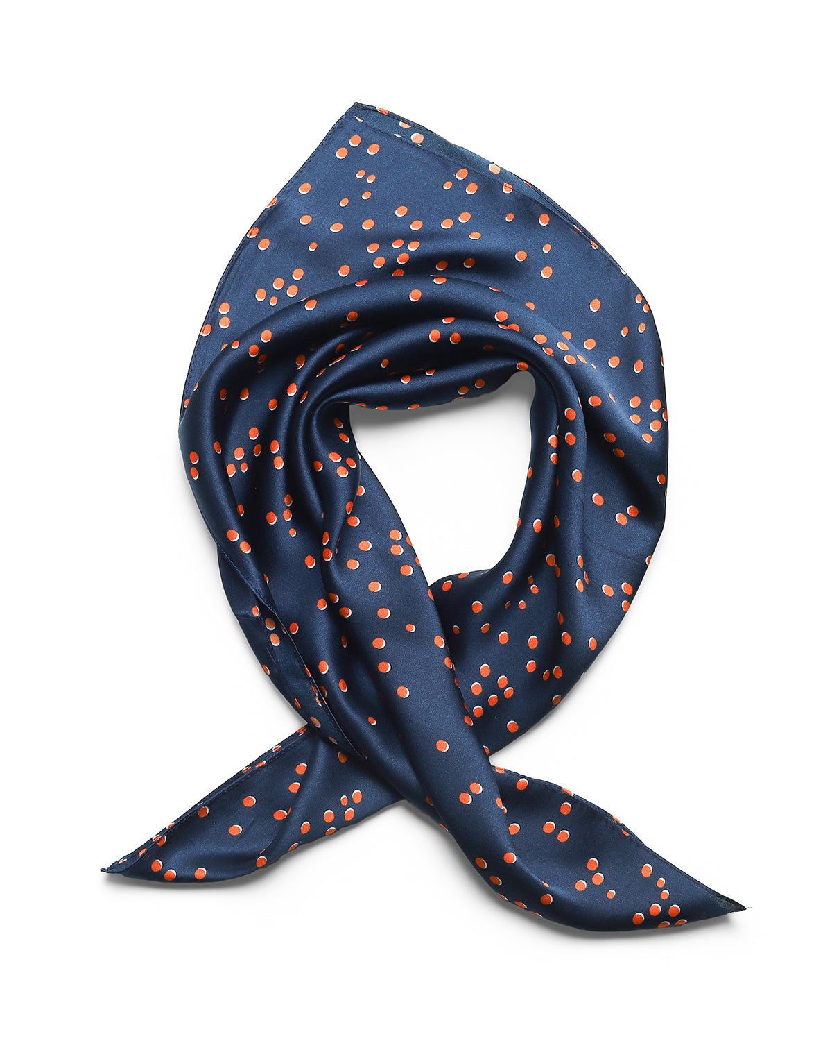 BREEZE NOUTHERLY 100% Mulberry Silk Square Scarf for Women, 26'' Versatile Hair Neck Bag Scarf Luxury Gift-Navy Orange Dot