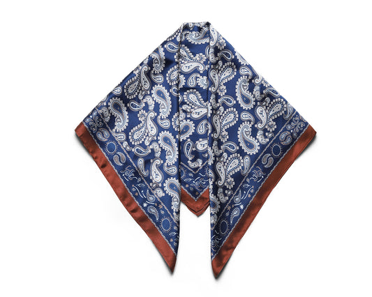 BREEZE NOUTHERLY 100% Mulberry Silk Square Scarf for Women, 26'' Versatile Hair Neck Bag Scarf Luxury Gift-Navy Paisley