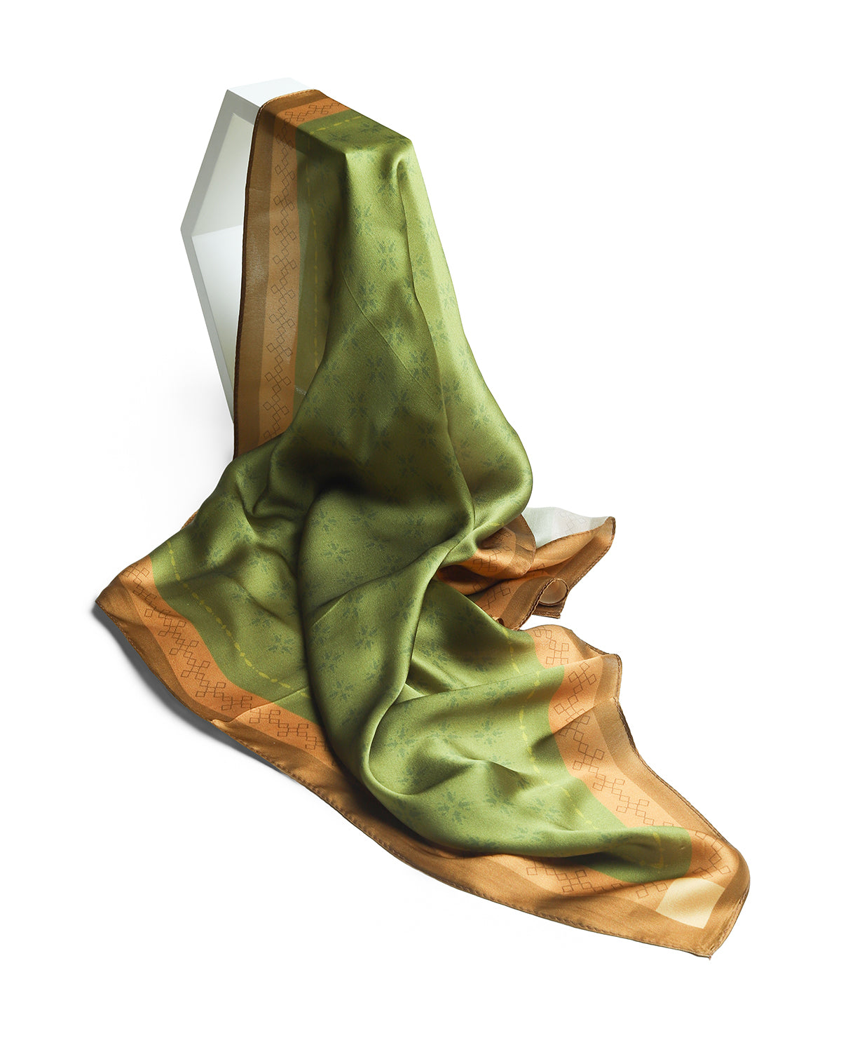 BREEZE NOUTHERLY 100% Mulberry Silk Square Scarf for Women, 26'' Versatile Hair Neck Bag Scarf Luxury Gift-Olive Geometric
