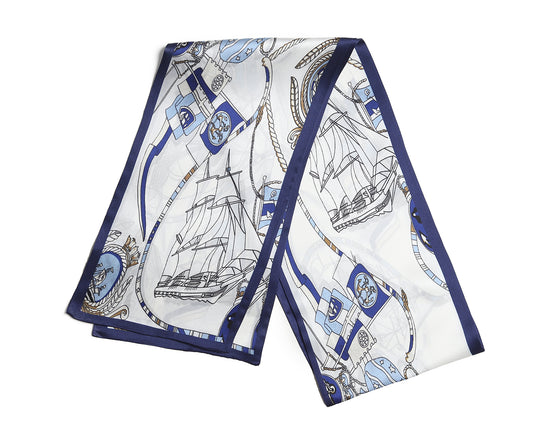 BREEZE NOUTHERLY Women's 100% Pure Mulberry Silk Scarf Double Sided Rectangle Tie Head Neck Waist Strip-17X150 Royal Blue White Sailboat
