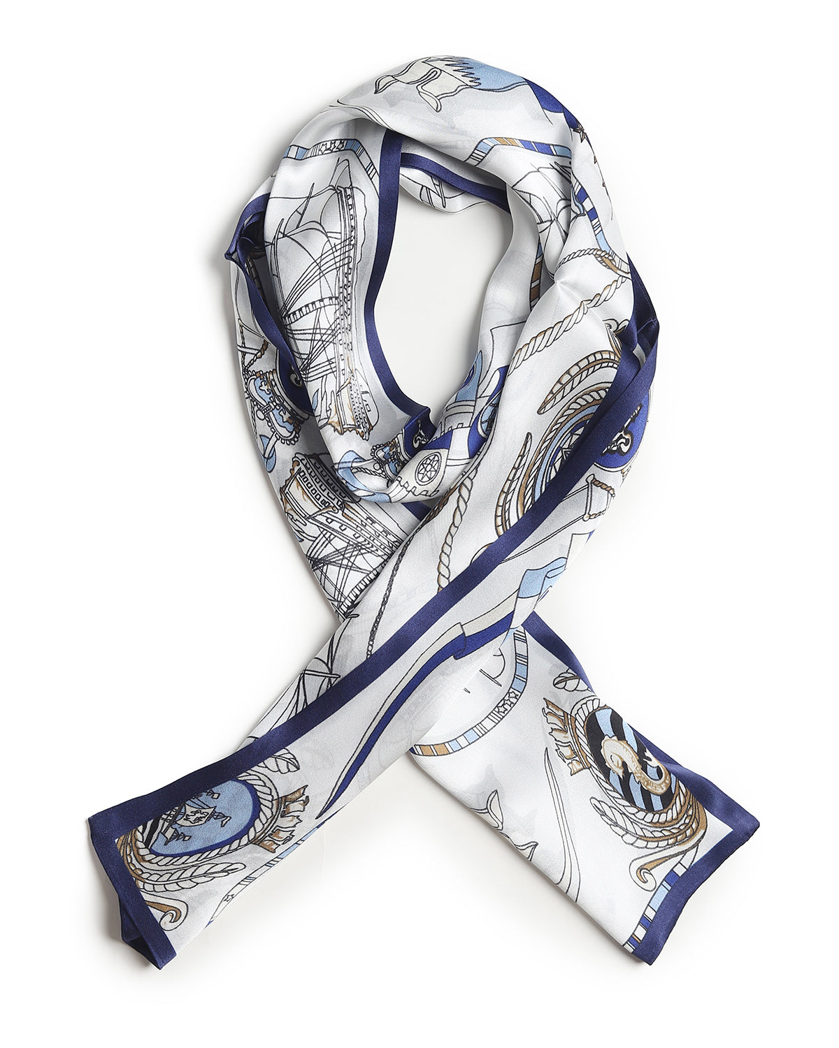 BREEZE NOUTHERLY Women's 100% Pure Mulberry Silk Scarf Double Sided Rectangle Tie Head Neck Waist Strip-17X150 Royal Blue White Sailboat