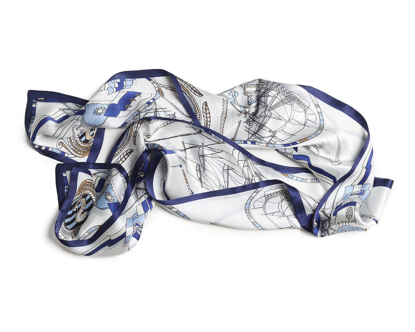BREEZE NOUTHERLY Women's 100% Pure Mulberry Silk Scarf Double Sided Rectangle Tie Head Neck Waist Strip-17X150 Royal Blue White Sailboat