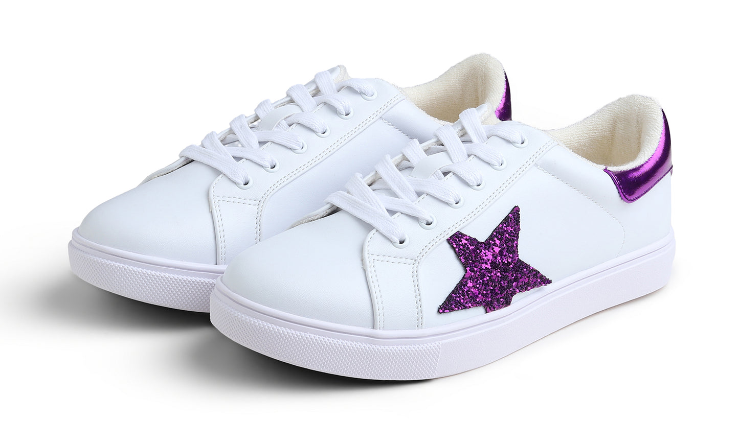Feversole Women's Colorful Star Lace Up Sneaker By Warm Lined Vegan Leather for Winter Party Holiday Glitter Star