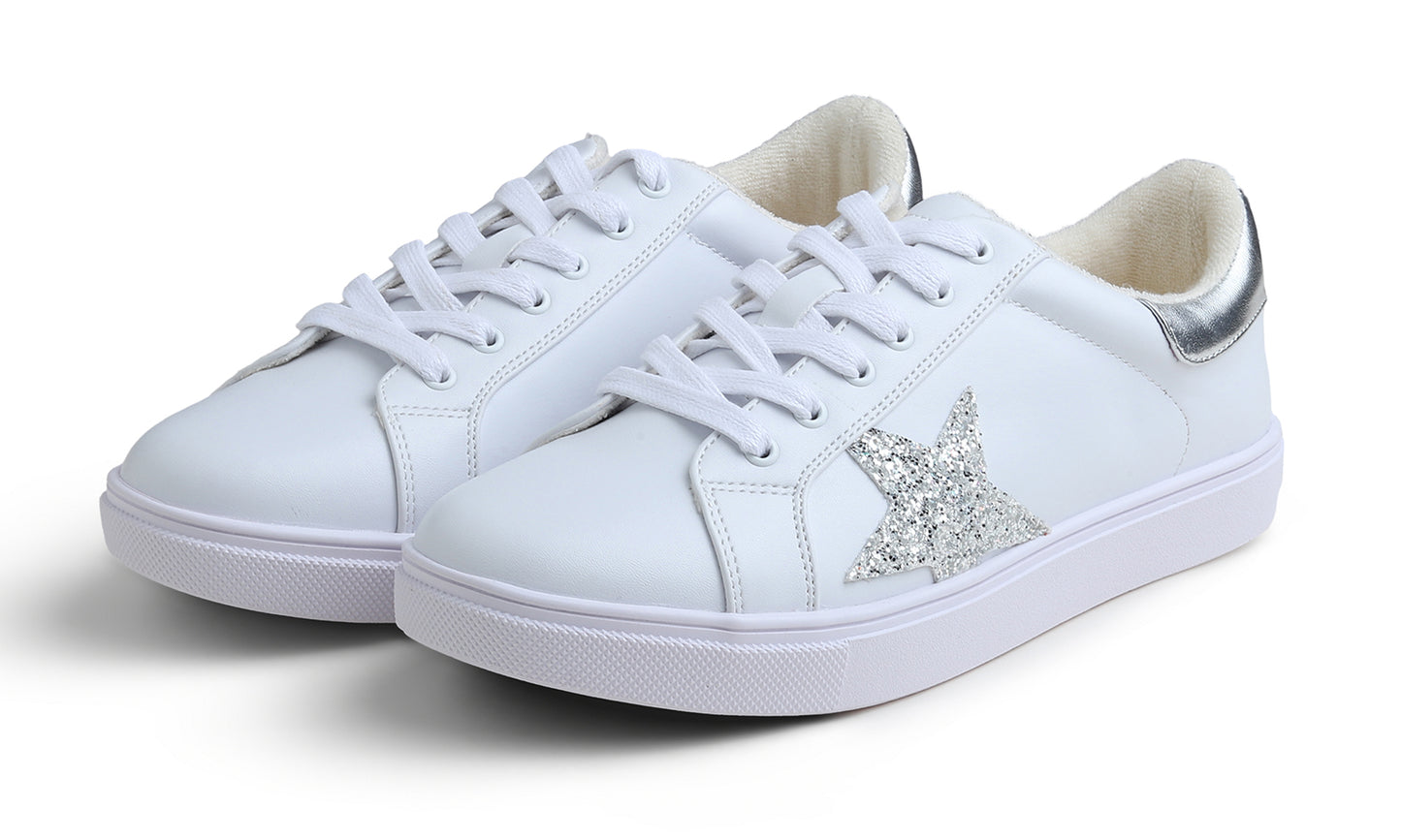 Feversole Women's Colorful Star Lace Up Sneaker By Warm Lined Vegan Leather for Winter Party Holiday Glitter Star