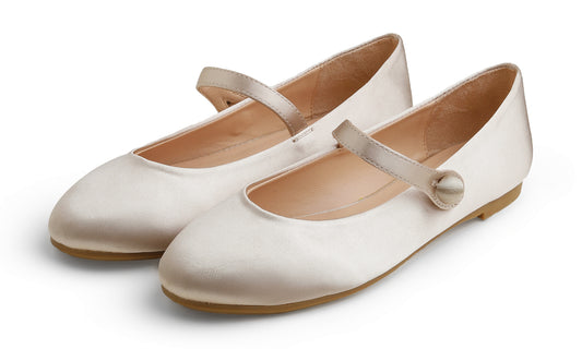 Feversole Women's Mary Jane Fashion Round Toe Easy Buckle Slip On Flats Beige Satin Size 6 M US