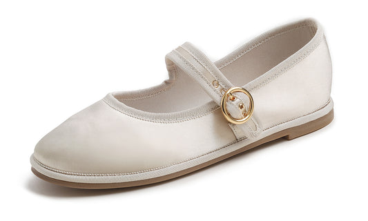 Feversole Women's Soft Classic Mary Jane Memory Foam Cushioned Comfort Round Toe Metal Buckle Flats Walking Shoes Satin Silky