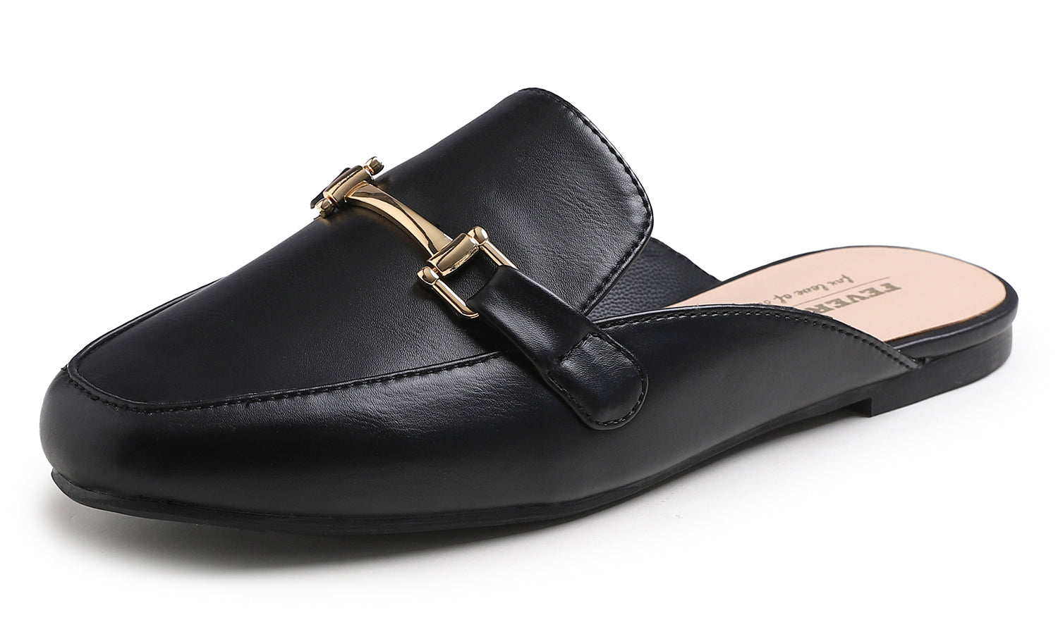 Feversole Women's Fashion Deco Mules Slip On Backless Slide Flats Black Vegan Leather