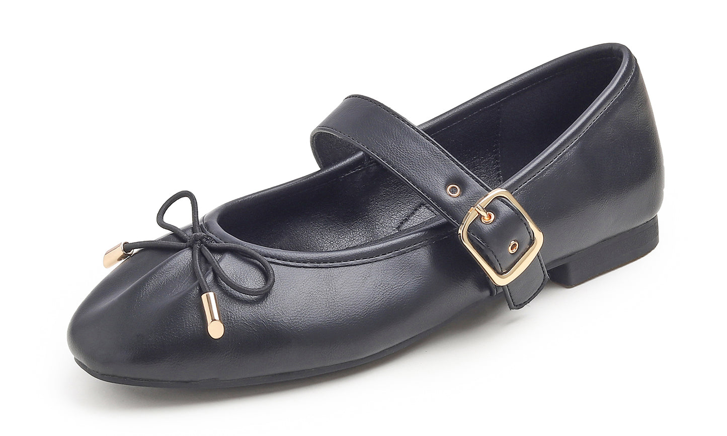 Feversole Women's Mary Jane Fashion Square Toe Easy Buckle Slip On Flats Vegan Leather Wrinkle Bow Deco