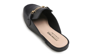 Feversole Women's Fashion Deco Mules Slip On Backless Slide Flats Black Vegan Leather