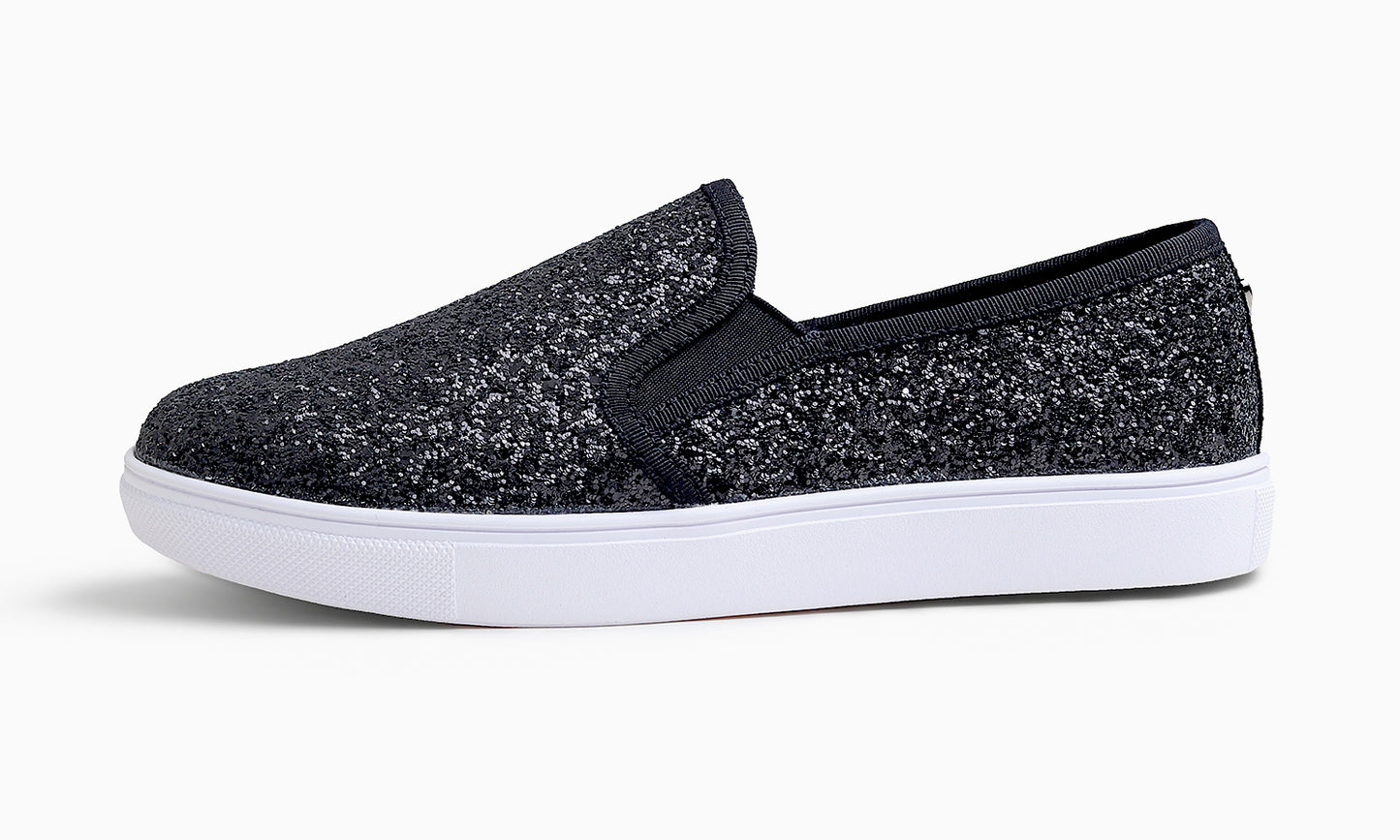 Feversole Women's Fashion Sparkly Slip On Sneaker for Winter Fur Lined Party Holiday Flat Loafers Glitter