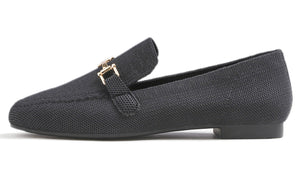 Feversole Women's Woven Fashion Breathable Knit Flat Shoes Black Color Loafer Metal Trim