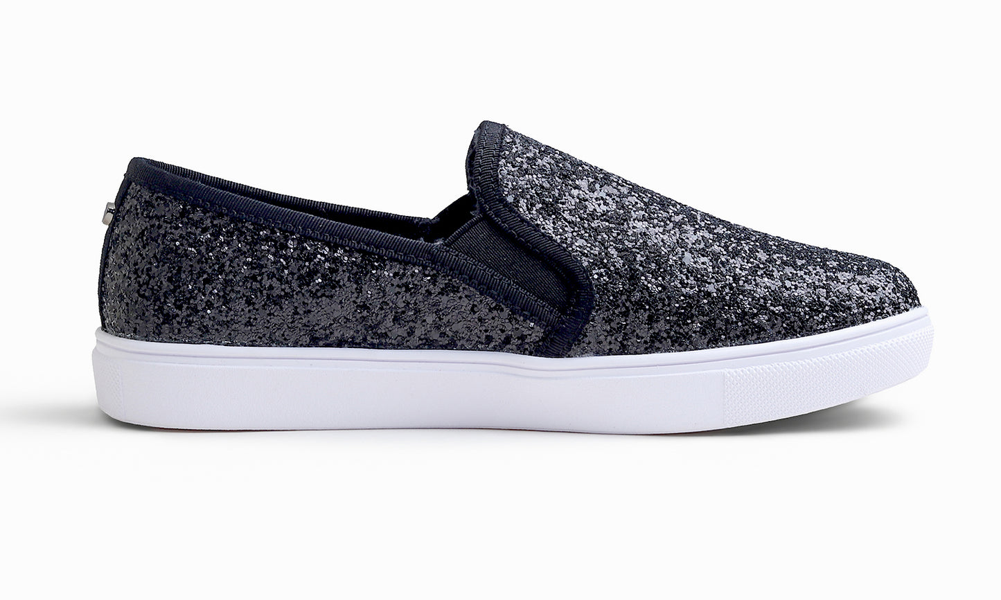 Feversole Women's Fashion Sparkly Slip On Sneaker for Winter Fur Lined Party Holiday Flat Loafers Glitter