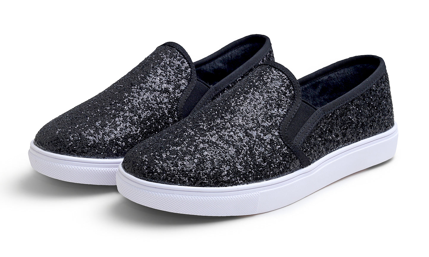 Feversole Women's Fashion Sparkly Slip On Sneaker for Winter Fur Lined Party Holiday Flat Loafers Glitter