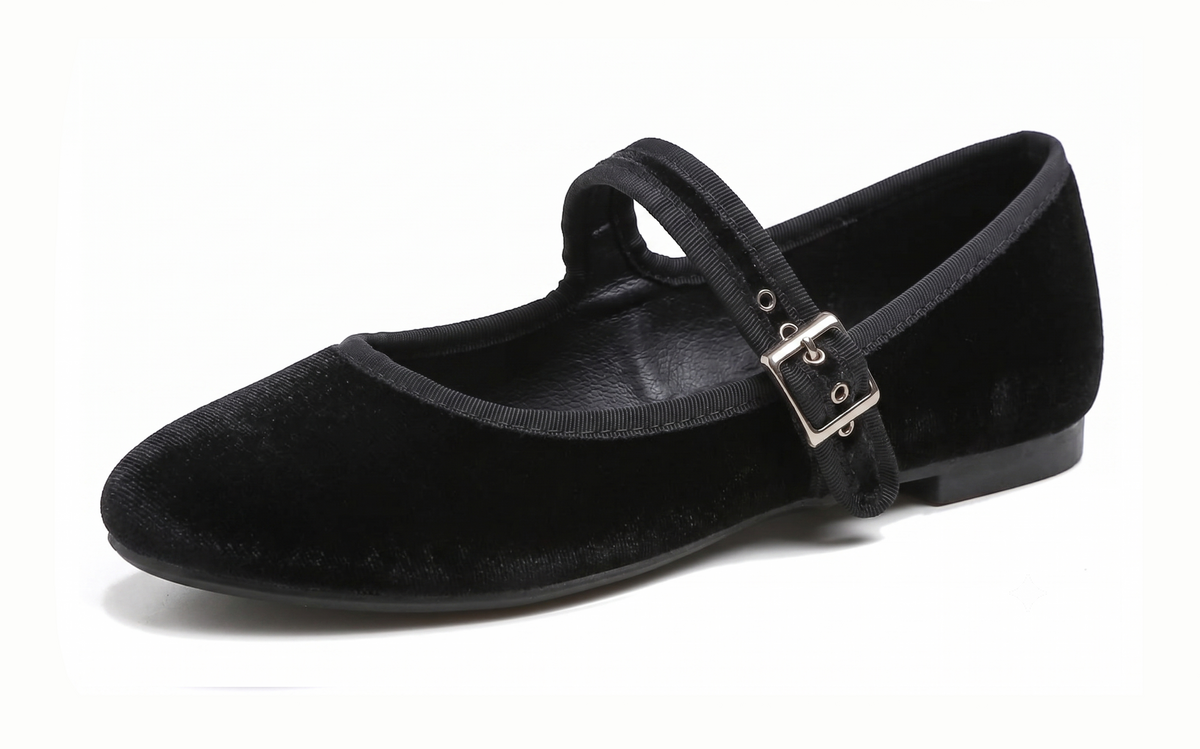 Feversole Women's Soft Cushion Extra Padded Comfort Round Toe Mary Jane Metal Buckle Fashion Ballet Flats Walking Shoes Black Velvet Vegan Lining