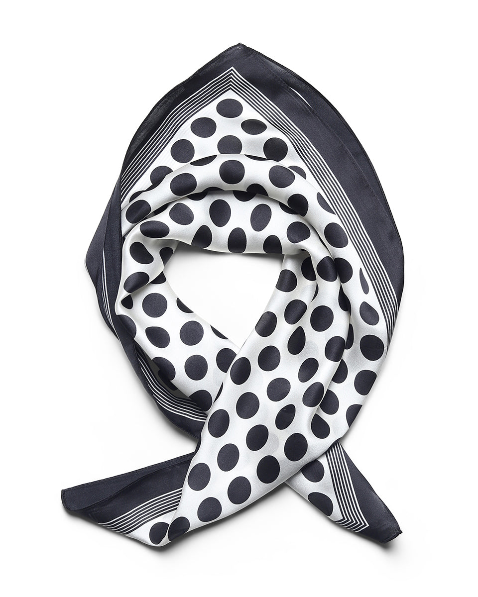 BREEZE NOUTHERLY 100% Mulberry Silk Square Scarf for Women, 26'' Versatile Hair Neck Bag Scarf Luxury Gift-Black Dot