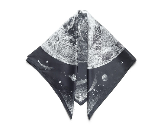 BREEZE NOUTHERLY 100% Mulberry Silk Square Scarf for Women, 26'' Versatile Hair Neck Bag Scarf Luxury Gift-Black Moon
