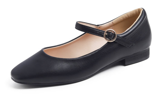 Feversole Women's Mary Jane Fashion Square Toe Padded Ankle Low Heel Slip On Flats Vegan Leather