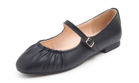 BREEZE NOUTHERLY Women's Square Toe Mary Jane Fashion Ballet with Strap Comfort Dressy Working Flats Vegan Leather Wrinkle Deco