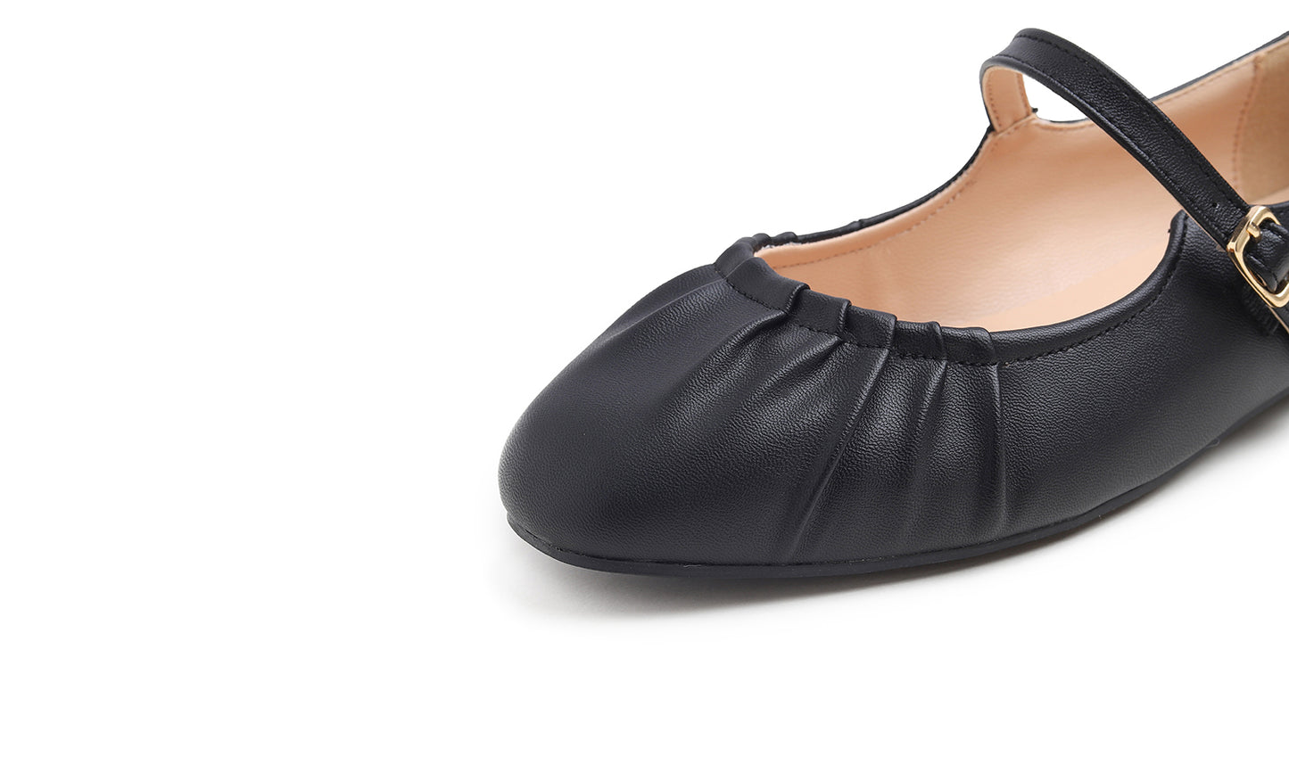 BREEZE NOUTHERLY Women's Square Toe Mary Jane Fashion Ballet with Strap Comfort Dressy Working Flats Vegan Leather Wrinkle Deco