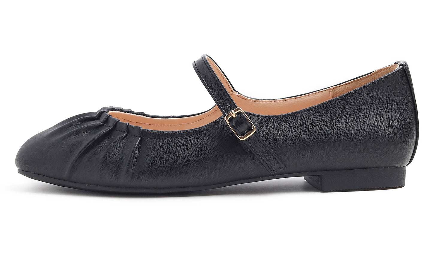 BREEZE NOUTHERLY Women's Square Toe Mary Jane Fashion Ballet with Strap Comfort Dressy Working Flats Vegan Leather Wrinkle Deco