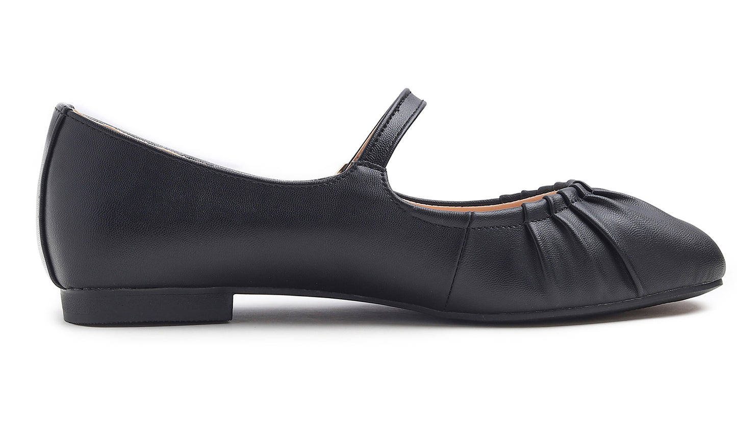BREEZE NOUTHERLY Women's Square Toe Mary Jane Fashion Ballet with Strap Comfort Dressy Working Flats Vegan Leather Wrinkle Deco