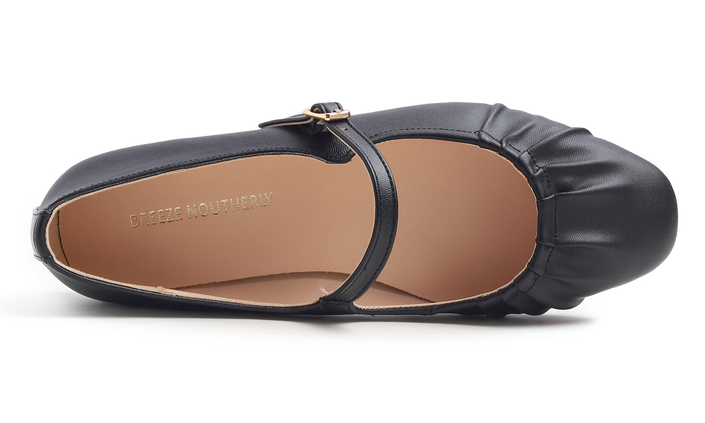 BREEZE NOUTHERLY Women's Square Toe Mary Jane Fashion Ballet with Strap Comfort Dressy Working Flats Vegan Leather Wrinkle Deco