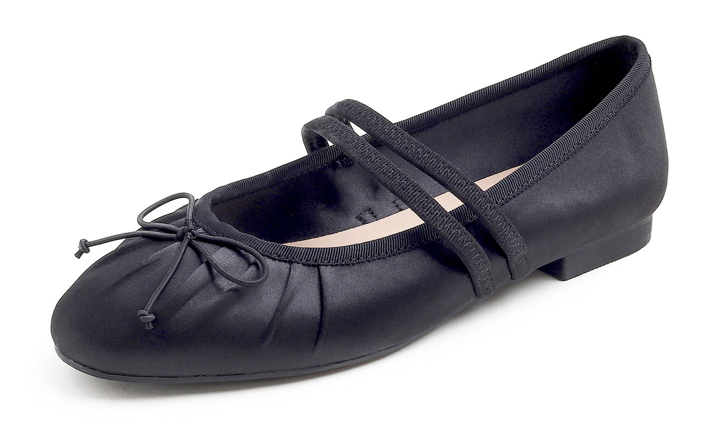 BREEZE NOUTHERLY Women's Square Toe Mary Jane Fashion Ballet with Strap Comfort Dressy Working Flats Black Silky Wrinkle Deco
