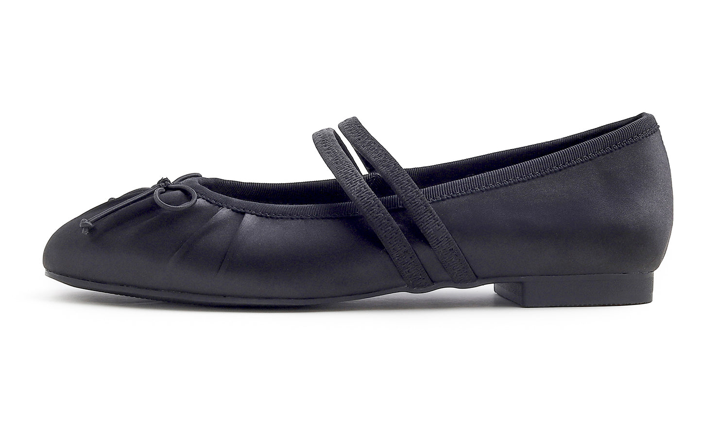 BREEZE NOUTHERLY Women's Square Toe Mary Jane Fashion Ballet with Strap Comfort Dressy Working Flats Black Silky Wrinkle Deco