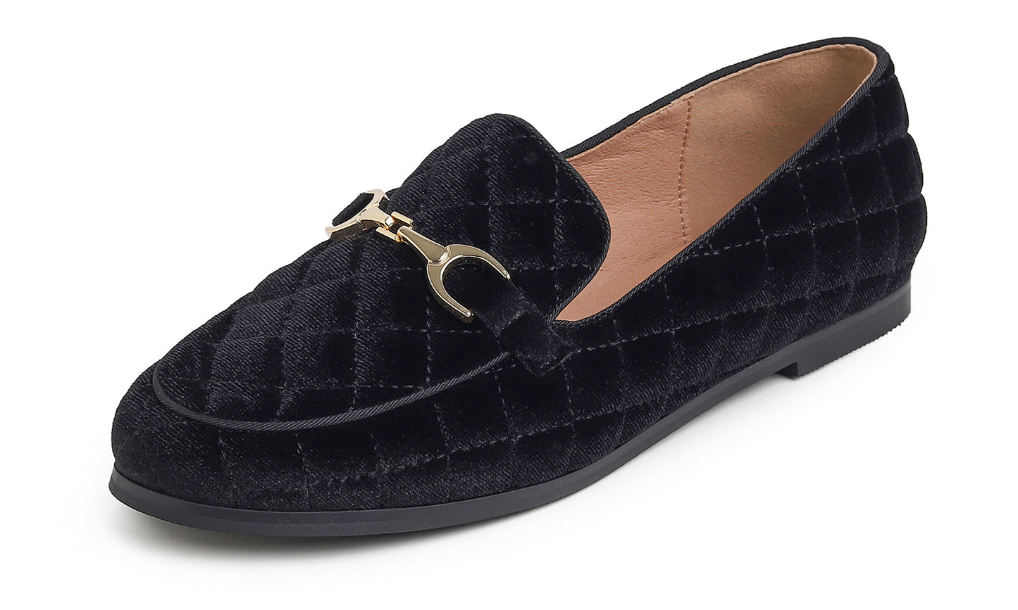 Feversole Women's Fashion Comfortable Penny Loafer Buckle Dressy Shoes Velvet Quilted