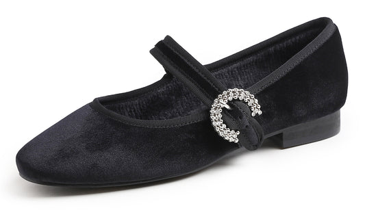 Feversole Women's Mary Jane Fashion Square Toe Easy Buckle Low Heel Slip On Flats Velvet Fur Lined Rhinestone