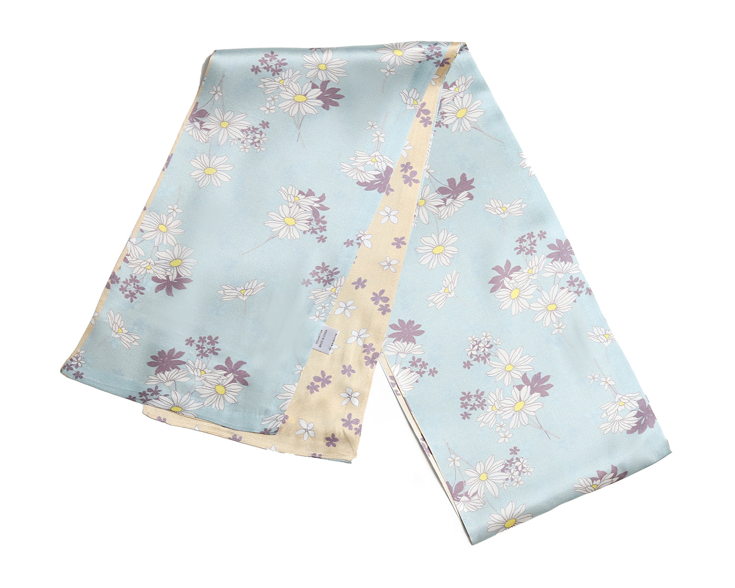 BREEZE NOUTHERLY Women's 100% Pure Mulberry Silk Scarf Double Sided Rectangle Tie Head Neck Waist Strip-17X150 Blue Beige Daisy