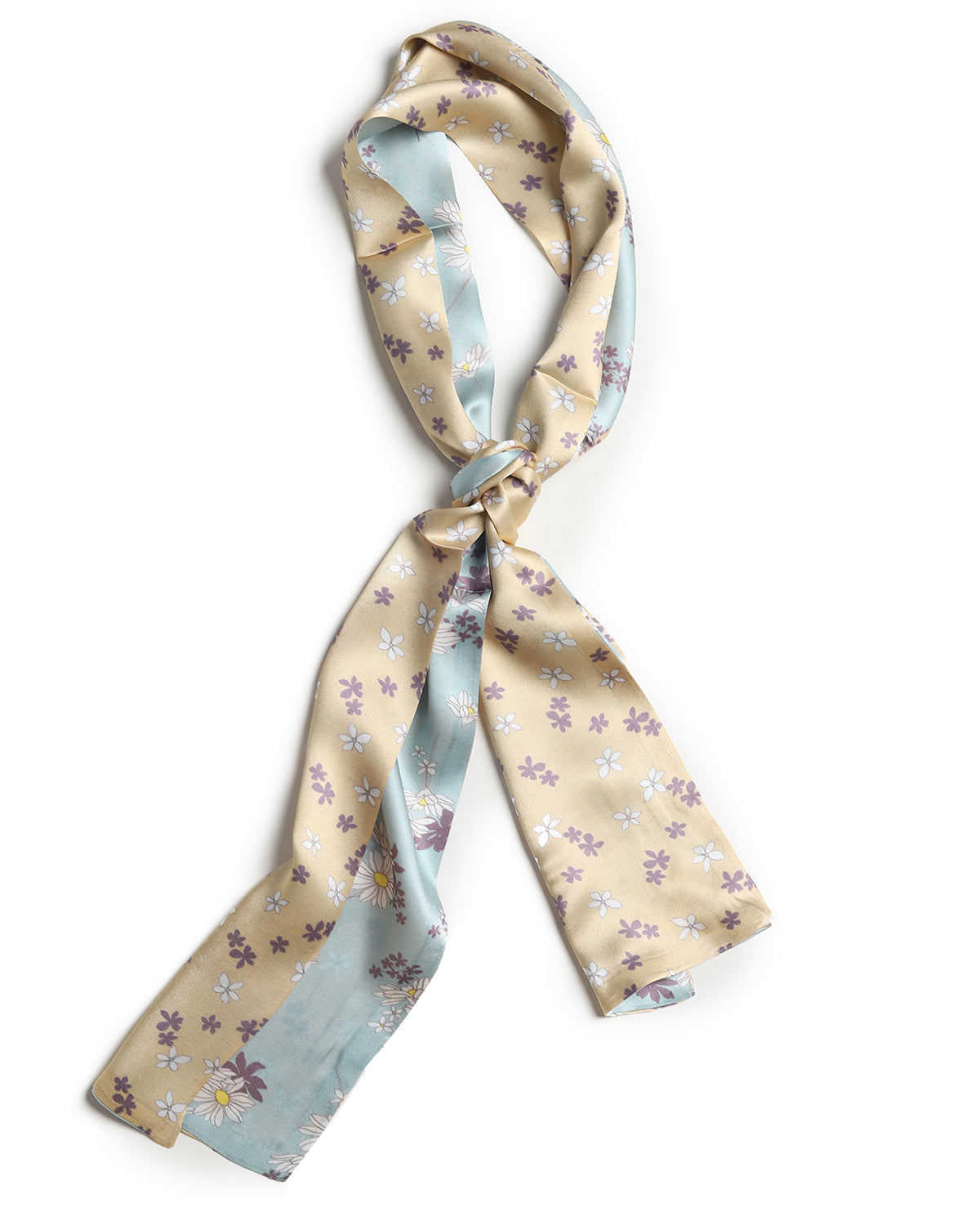 BREEZE NOUTHERLY Women's 100% Pure Mulberry Silk Scarf Double Sided Rectangle Tie Head Neck Waist Strip-17X150 Blue Beige Daisy
